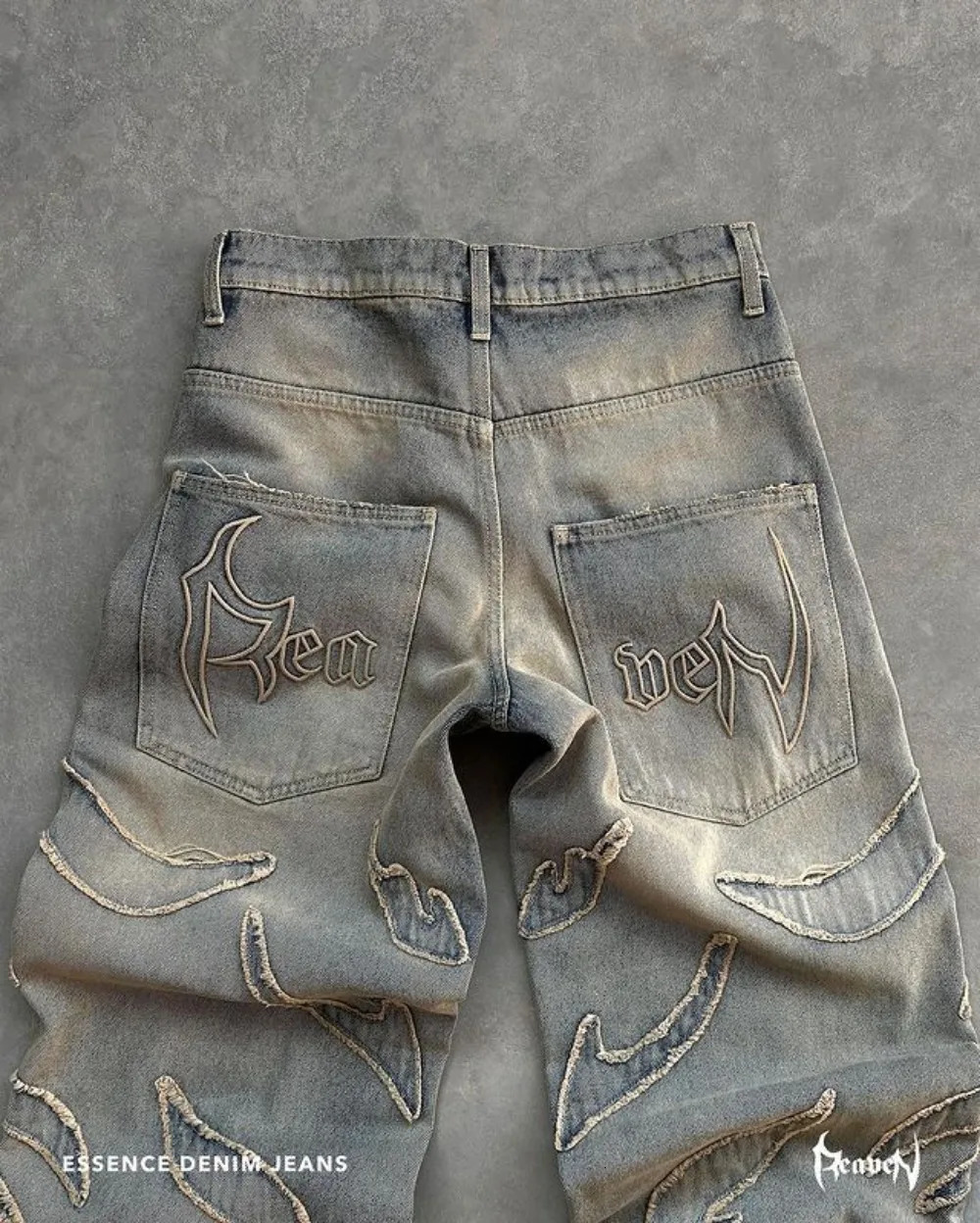 Streetwear Reaven Jeans Mens Y2k Hip Hop Distressed Retro Blue Baggy Jeans Harajuku Gothic High Waist Wide Leg Trousers 240415
