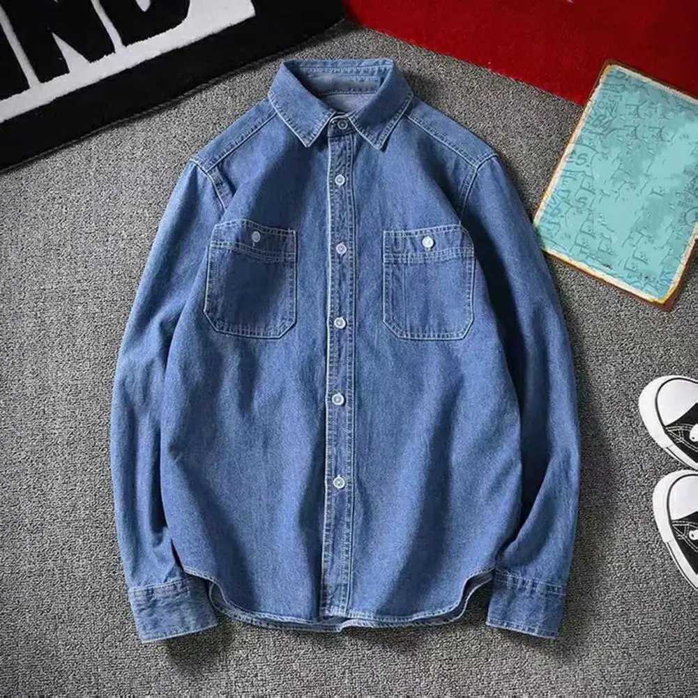 Men's Casual Shirts Trendy Male Shirt Jacket Skin-touch Solid Color Handsome Turndown Collar Buttons Men Denim Streetwear 240417