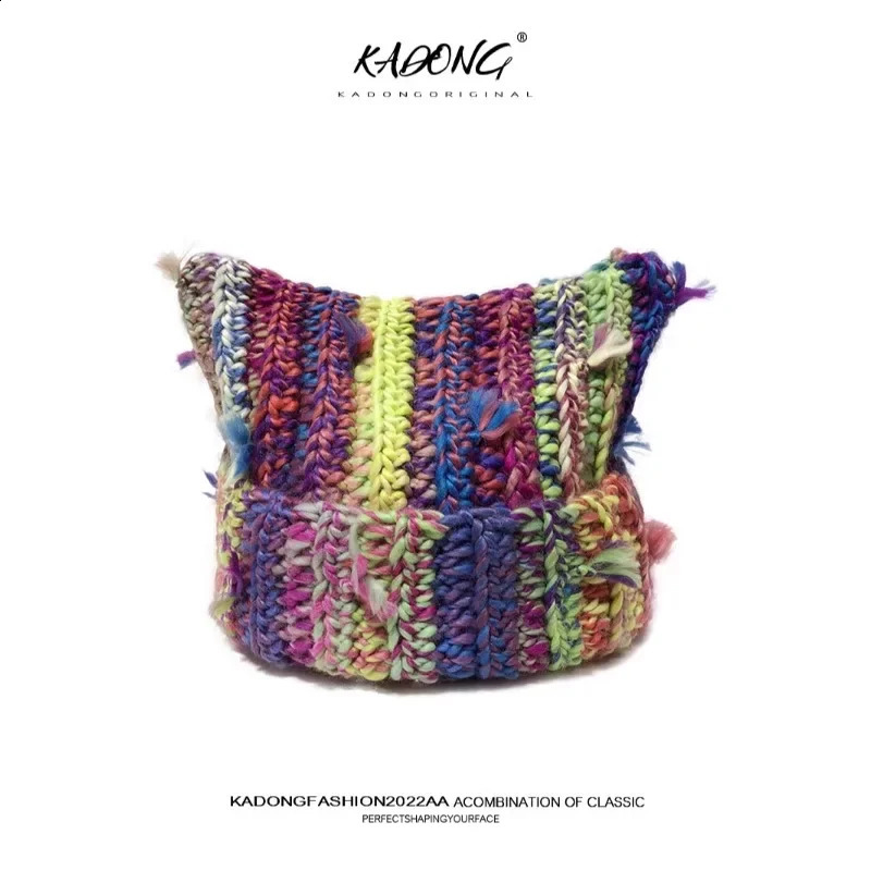 Sweet dopamine mixed color curly drawstring hat Y2K autumn and winter outdoor casual warm and cute cat ear beanie hat 241116