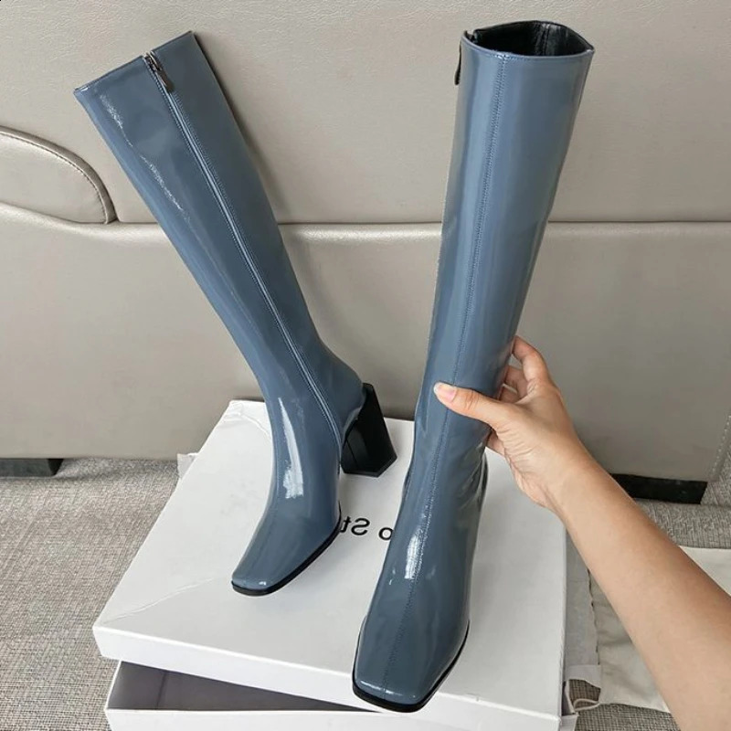 Blue womens boots winter knees womens long wheelbase shoes square toes Changchun autumn fashion work trend Gyaru Pu 241116