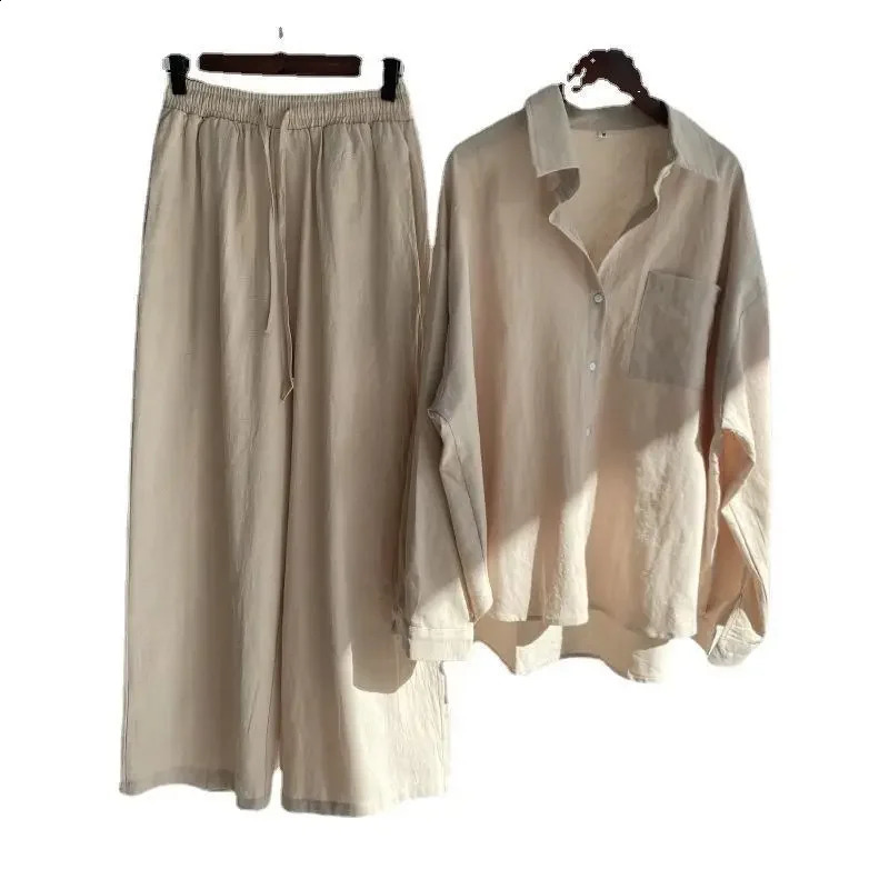 Vintage Highwaisted Loosefit Cotton Linen Shirt Suit For Women 2 Piece Set 2023 Casual Elegant Fashion 241116