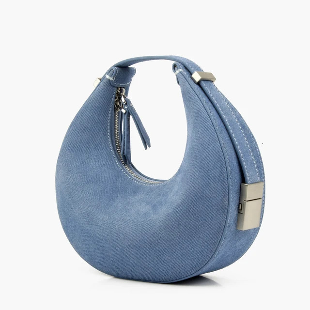 Donnain Trendy Denim Blue Cow Suede Women Half Moon Clutch Handbag Real Leather Crescent Hobo Mini Shoulder Bag Fashion Genuine Leather BagVoyage