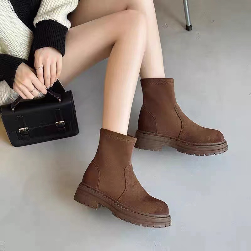 Women's Boots:Simple Design Solid Round Toe Thick Sole Increase Height Short Boots Slim 2024 New Fashion Casual Versatile,Black/Khaki/Brown,Free 