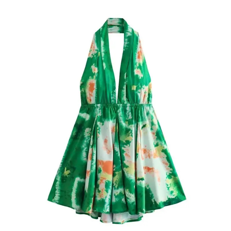 PB ZA Hanging Neck Shows Slim and Versatile Sexy Off Shoulder Elastic Printing Short Dress