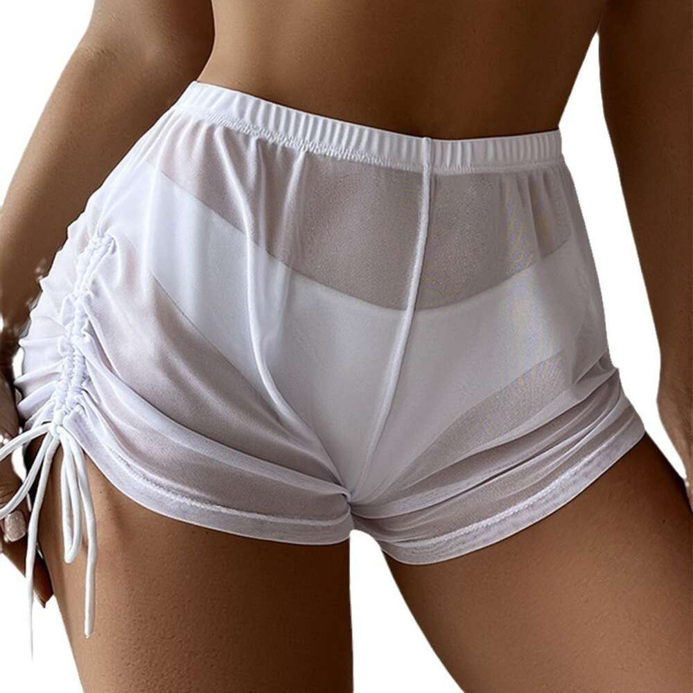 2024New Solid Color Mesh High Waist Women's Drawstring Bikini Swimming Pants F41715