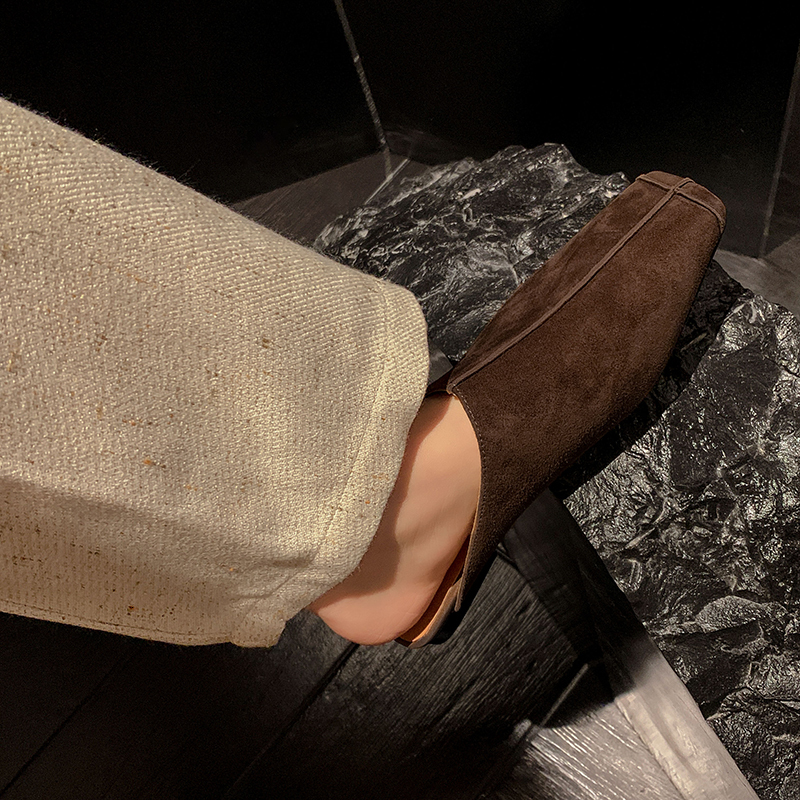 Suede Women Mules Low Heels Square Toe Slippers Genuine Leather Retro Style Casual Working Shoes Woman Spring Summer 2024 New