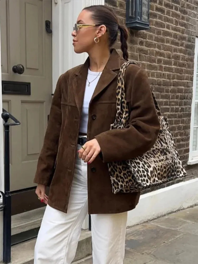 Womens chic brown casual suede jacket with collar long sleeves single chest pocket autumn solid office jacket 3193 241115