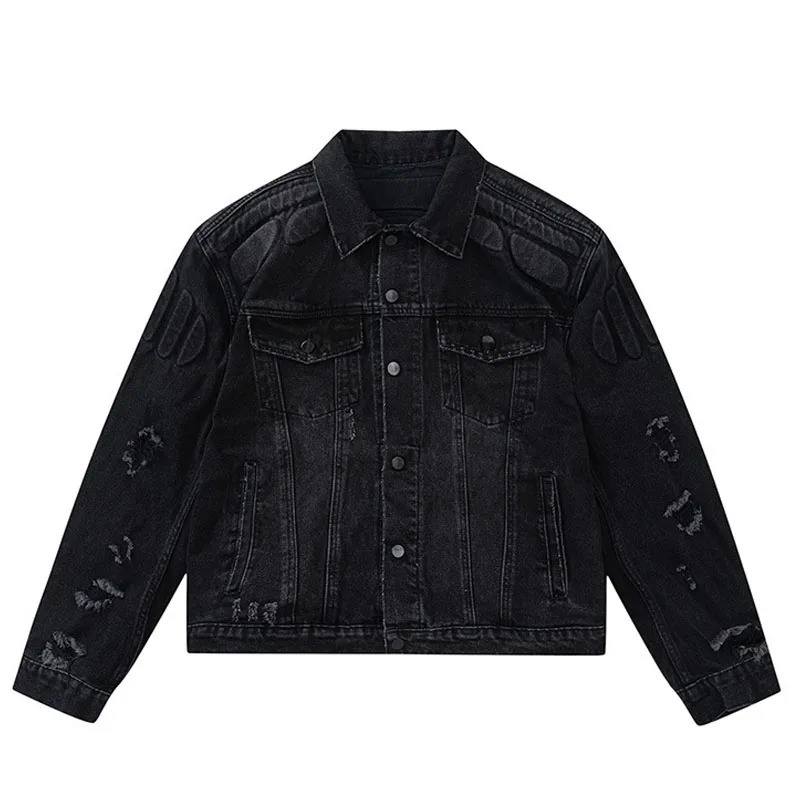 Retro Convex Turtle Shell Denim Jacket Men Hip Hop Ripped Hole Loose Harajuku Bomber Coats Cropped Street Autumn Jeans Outwear 240417