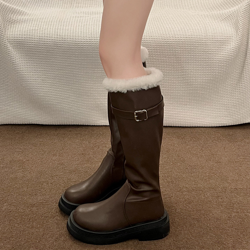 French Black Velvet Thick Soled Thick Heeled Long Boots.