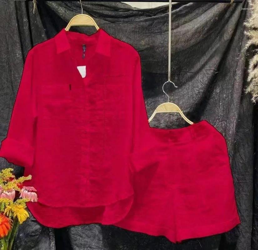 Women's Tracksuits Summer Casual Shirt Two Piece Set For Women Shorts 2 Sets Outfit Solid Color Long Sleeve Short Outfits Home