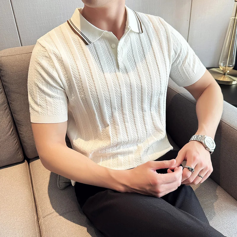 Mens Business Casual Polo Shirt Ice Silk Striped Collar Top High-Quality Short-Sleeved T-Shirt For Spring And Summer . 240415