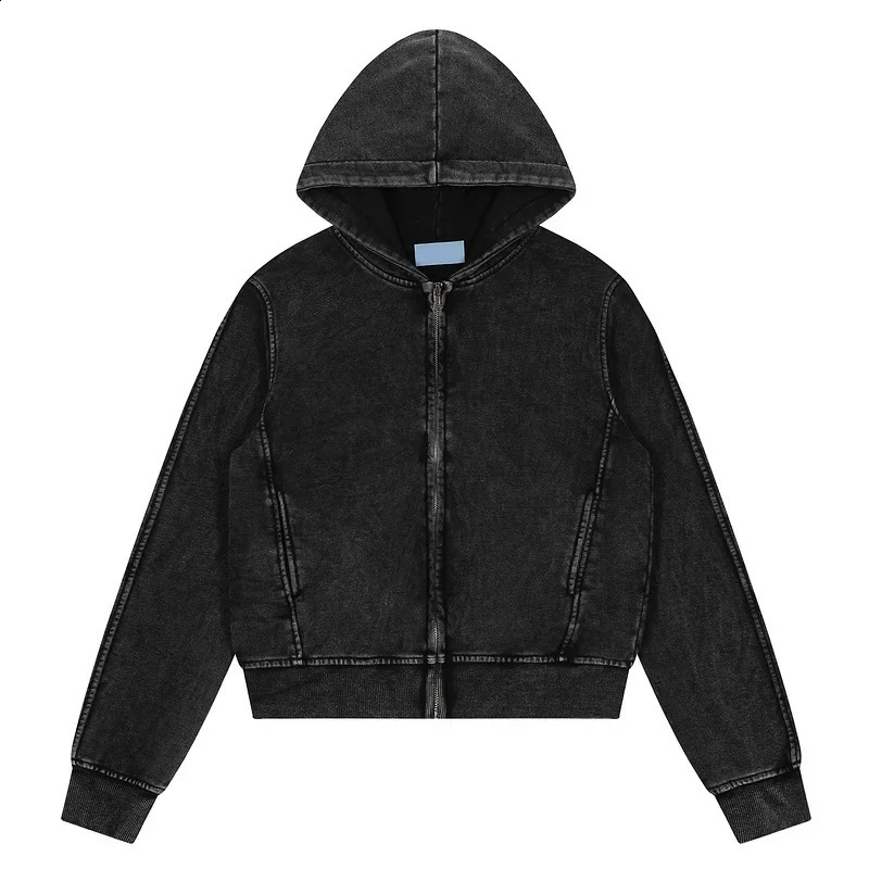 American Style Black Zippered Cropped Hooded Sweatshirt Jacket For Men Women Spring Autumn Cardigan Petite Top 241116