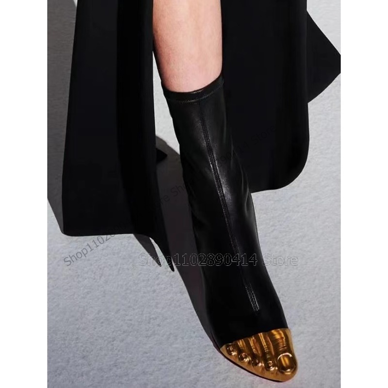 Gold Five Fingers Design Black Matte Leather Boots Back Zipper Women Shoes Thin High Heel Novel Fashion 2023 Atos Para Mujere