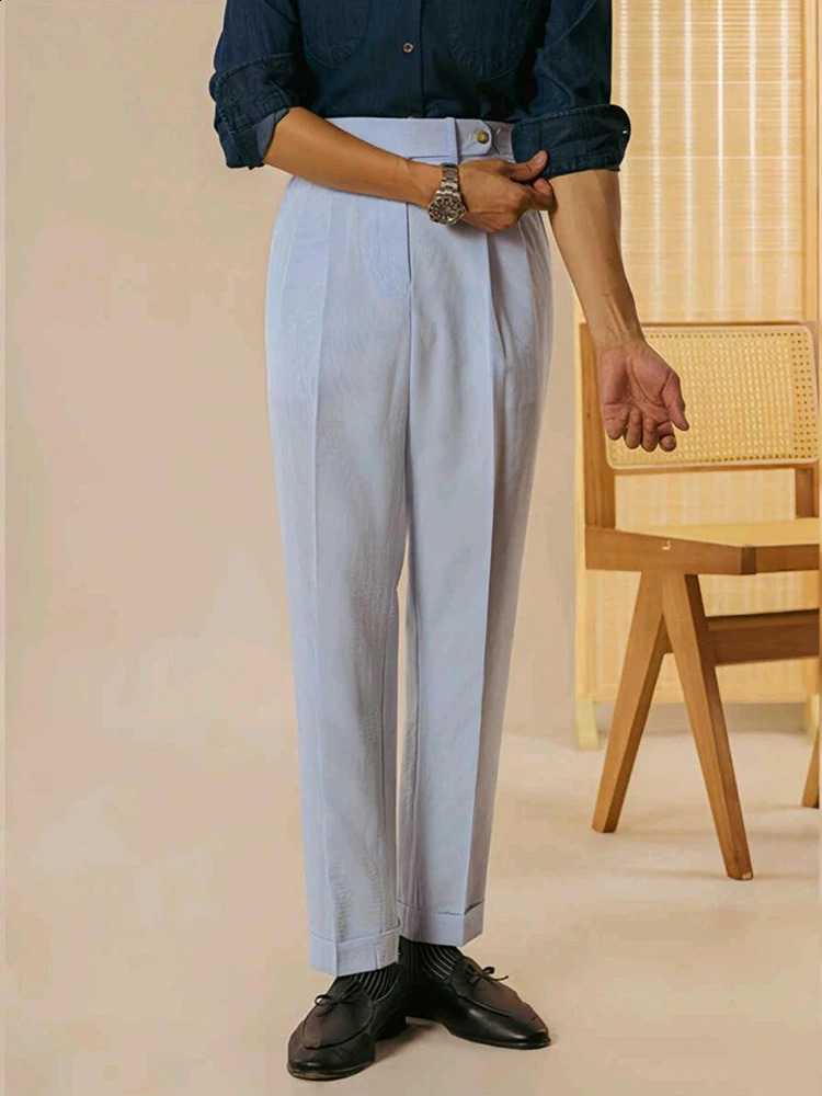 Classic Striped High Waist Suit Trousers Men Vintage Belt Laceup Straight Pants Spring Summer Mens Fashion Pleated Slim 241116
