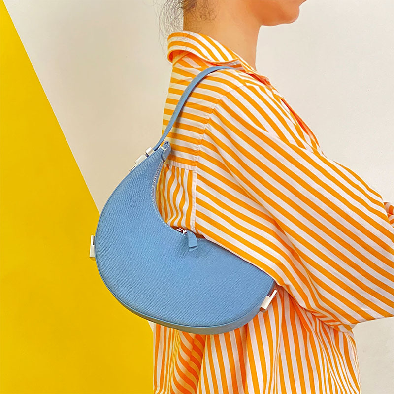 Donnain Trendy Denim Blue Cow Suede Women Half Moon Clutch Handbag Real Leather Crescent Hobo Mini Shoulder Bag Fashion Genuine Leather BagVoyage