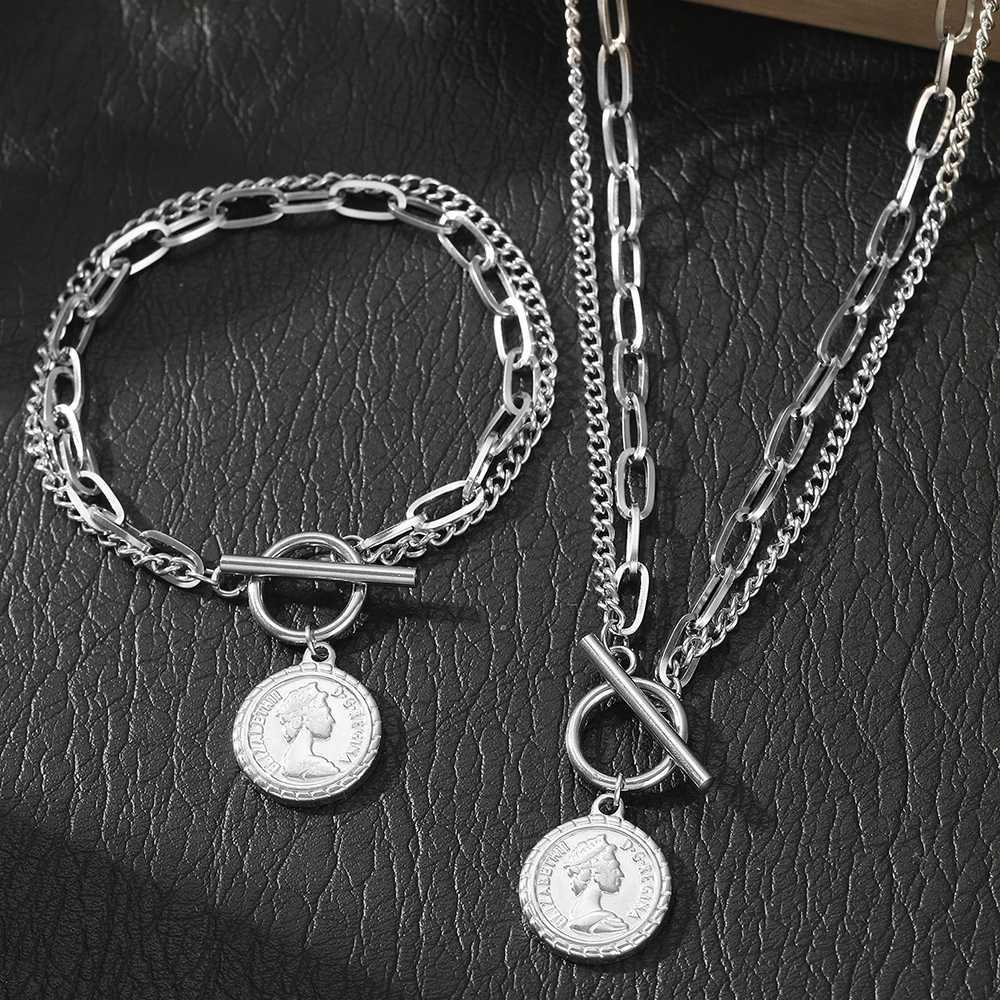 Stainl Steel Jewelry Set Hanging Coin MultiLayer Chain Design Bracelet Necklace Ladies Jewelry Set For Women Jewelry GiftsXJ250904