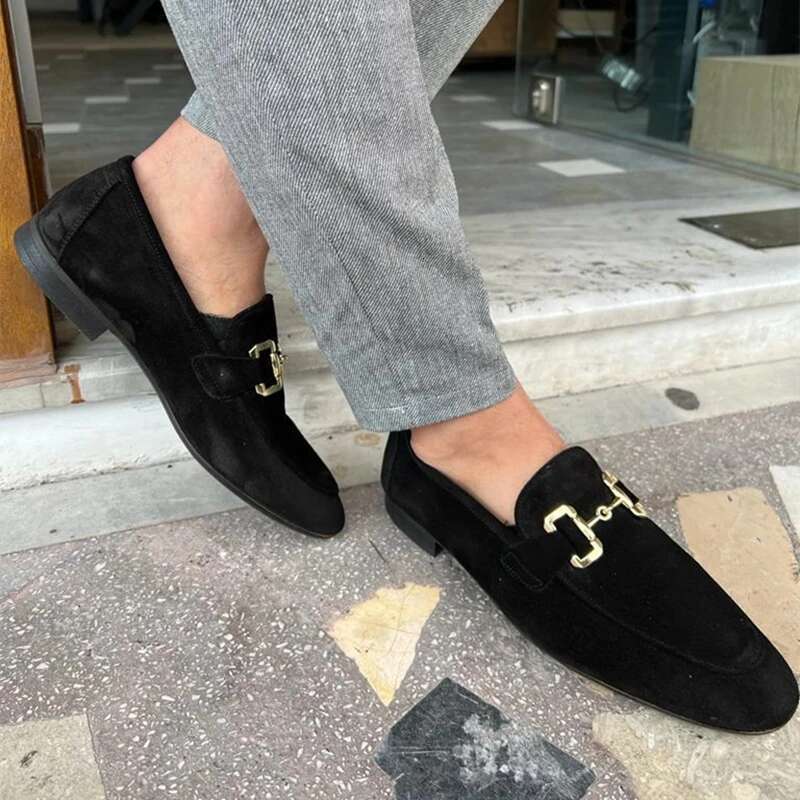 Loafers Black Beige ck Round Toe Metal Decoration Dress Slip on Men Shoes