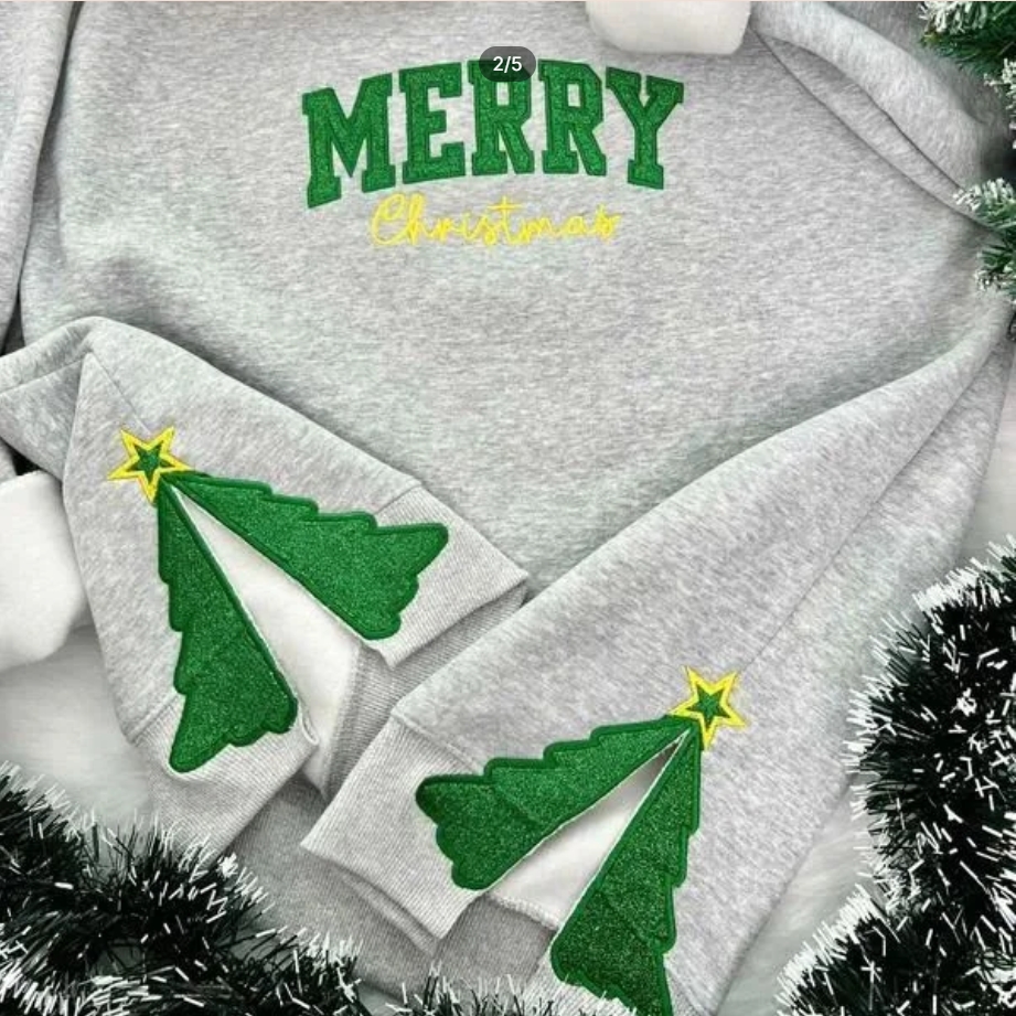 Custom Embroidered Hoodie with Christmas Tree Design for the Whole Family and Pets - Festive Style