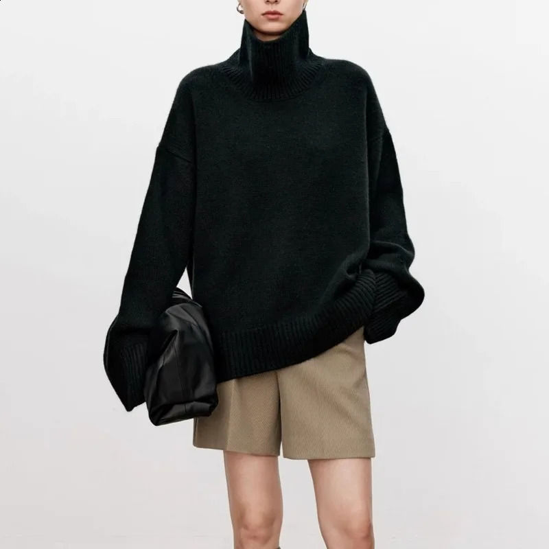 Thickened turtleneck 100% pure cashmere sweater womens loose lazy knit silhouette European products 241116