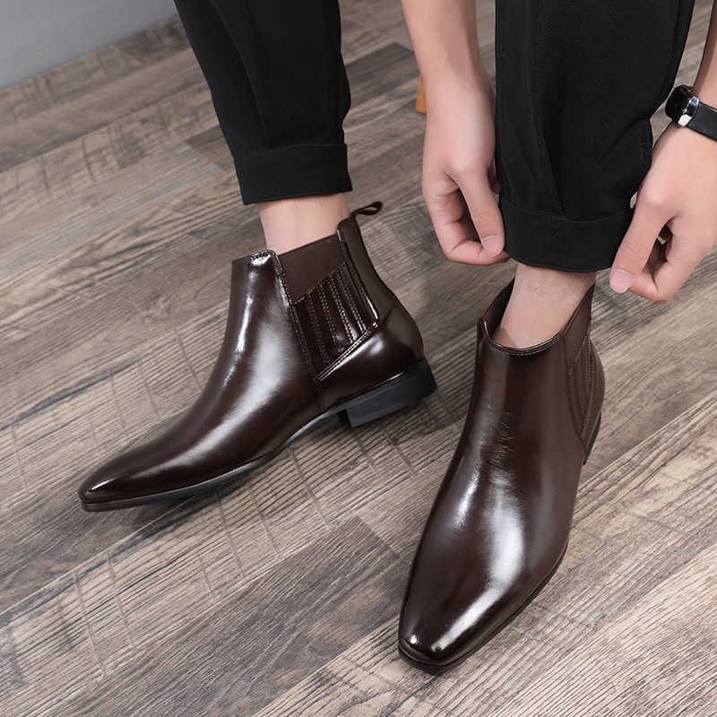 Boots Mens Pointed English Chelsea Boots Mens Minimalist High Top Business Dress Leather Shoes