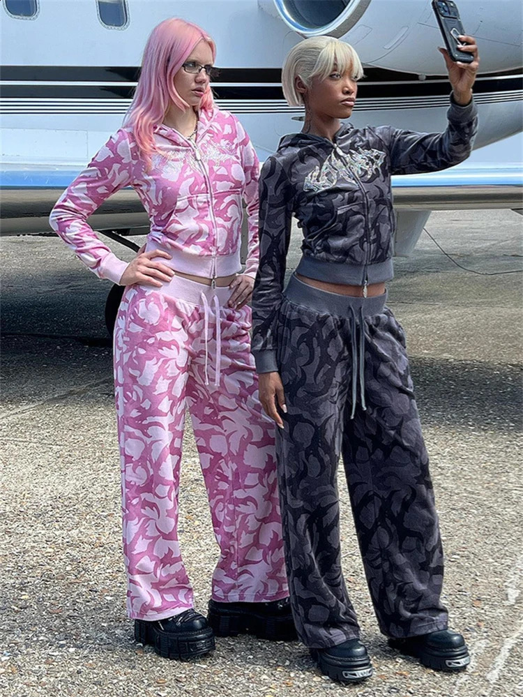 WLWXR autumn Rhinestone casual 2-piece womens track suit Y2K hooded zipper top and drawstring sweatpants 241115