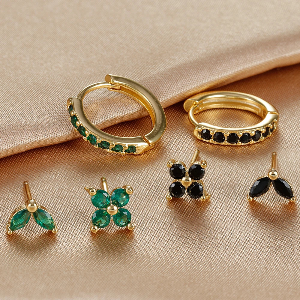 3PCS Stainless Steel Gold Color Circle Hoop Earrings Set for Women Simple Zircon Flower Stud Earring Cartilage Piercing Jewelry 241116
