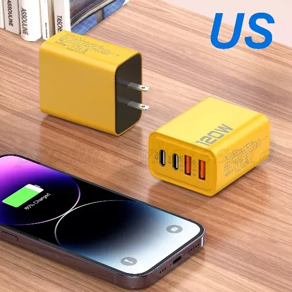 Hot selling 120W Bumblebee Yellow Super Fast Charging KO-71 2PD+2USB Charging Charger for Laptops Tablets Mobilephones Travel Wall EU US Plug Charger 