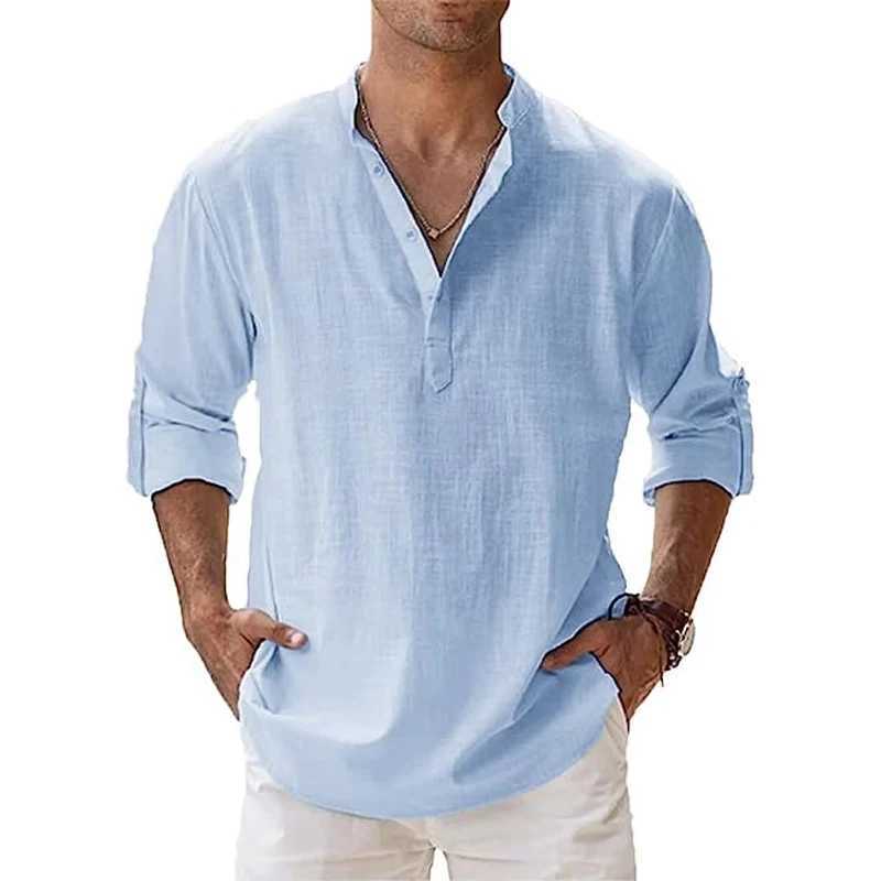 QF5S Men's Casual Shirts New Mens Cotton Linen Long Sleeve Button Down Shirt Band Collar Loose Tops M-5XL 240417