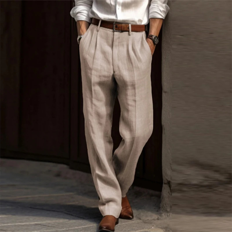 Cotton Linen Pants Men Business Casual Fashion Thin Suit Trouser Autumn Vintage Mens Solid Color Pleated n Waist 241116