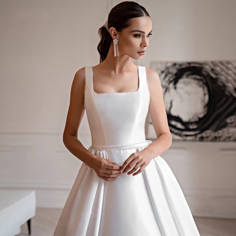A-Line Wedding Dress 2025 Satin Beaded Bow Sleeveless Court Train Princess Bride Gowns Plus Size Vestido de Noiva Robe Mariage