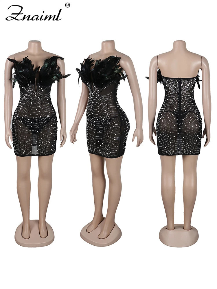 Znaiml Sexy Feathers s Backless Diamond Sheer Mesh Bodycon Dresses for Woman Rave Club Birthday Party Night Vestidos 241116