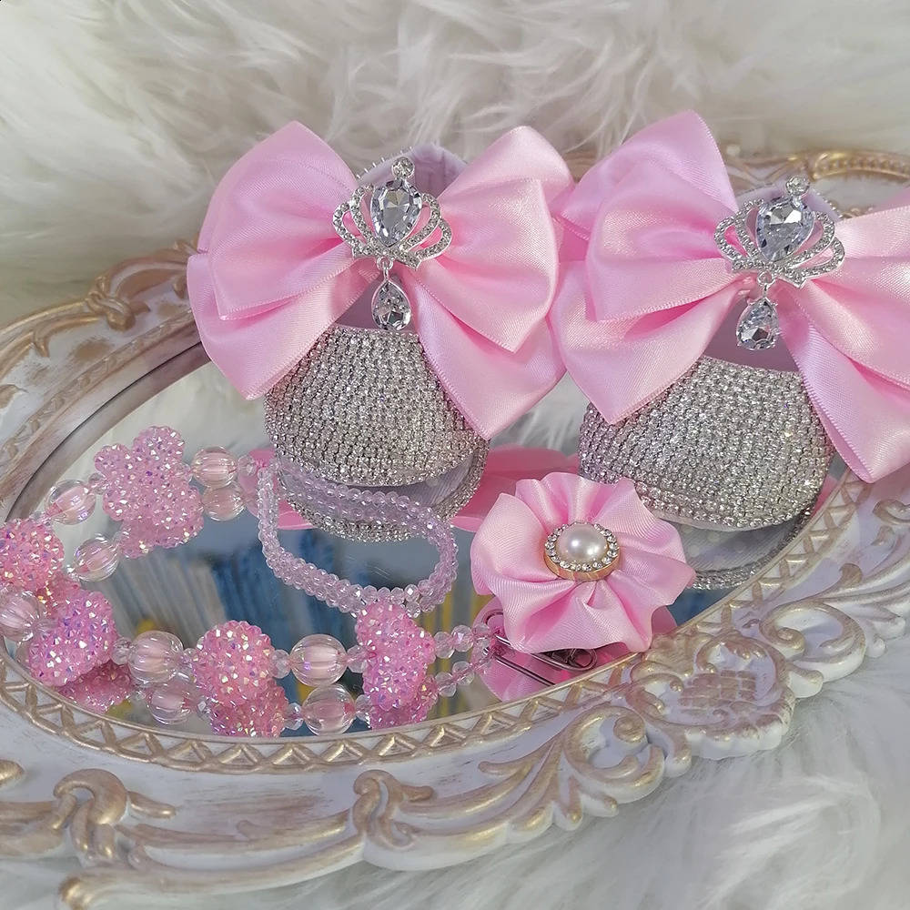 Handmade bow Rhinestone baby girl childrens shoes hair pacifier clip comb first Walker sparkling crystal shower gift 241116