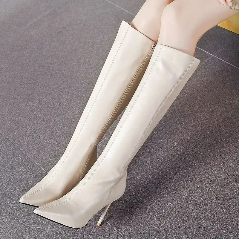 Black womens boots long pointed toes super high heels womens boots winter knee shaft boots trend half season 241116