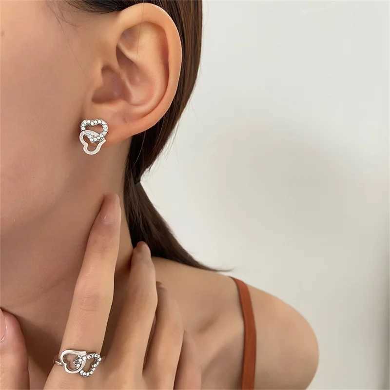 5PCS/Set Heart Shed Jewelry Sets Of Ring Earrings Necklace For Women Elegance Rhinestone Double Heart JewelryXJ241214