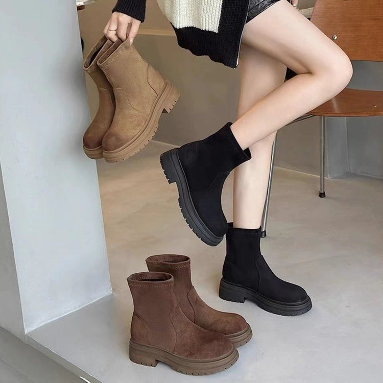 Women's Boots:Simple Design Solid Round Toe Thick Sole Increase Height Short Boots Slim 2024 New Fashion Casual Versatile,Black/Khaki/Brown,Free 