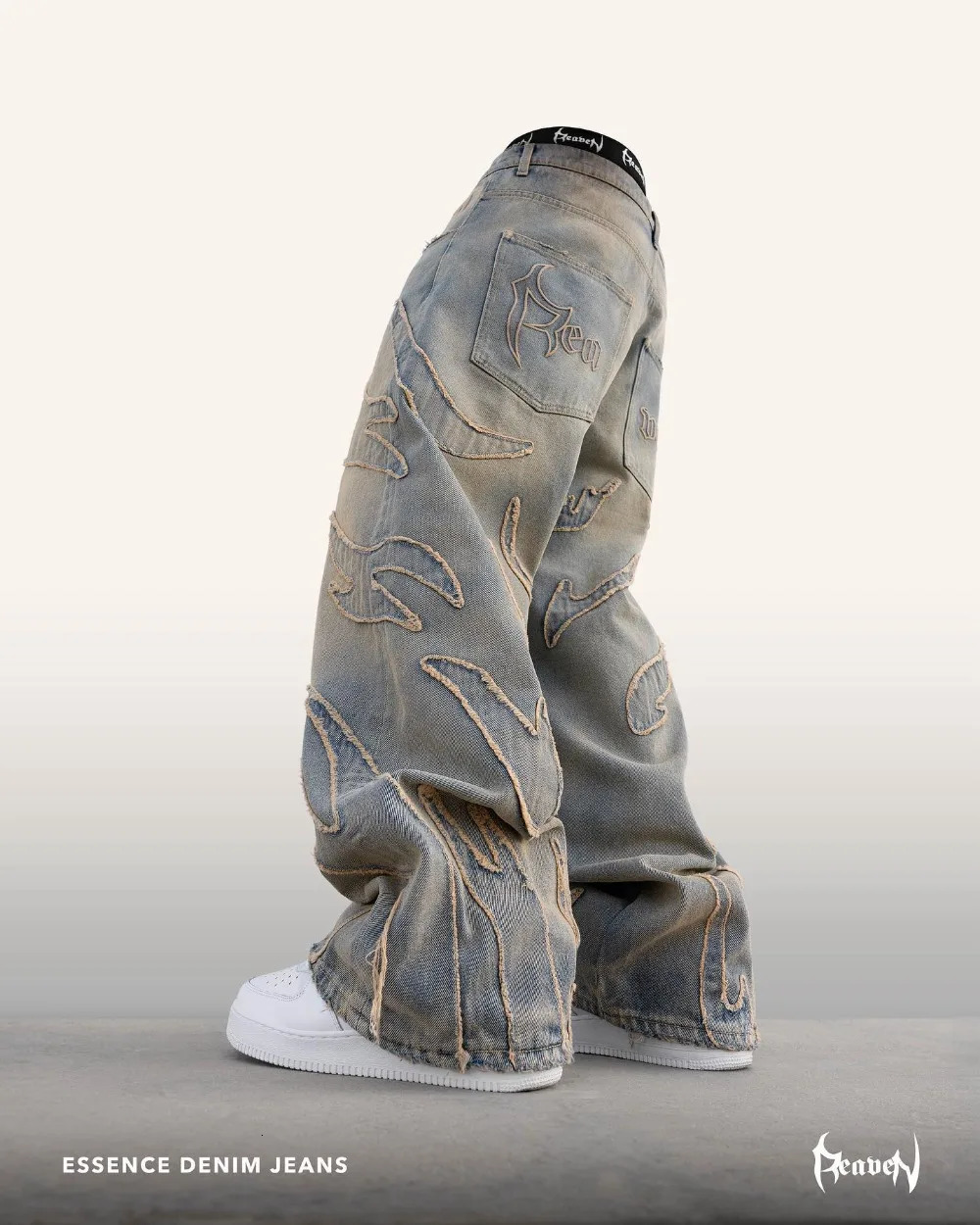 Streetwear Reaven Jeans Mens Y2k Hip Hop Distressed Retro Blue Baggy Jeans Harajuku Gothic High Waist Wide Leg Trousers 240415