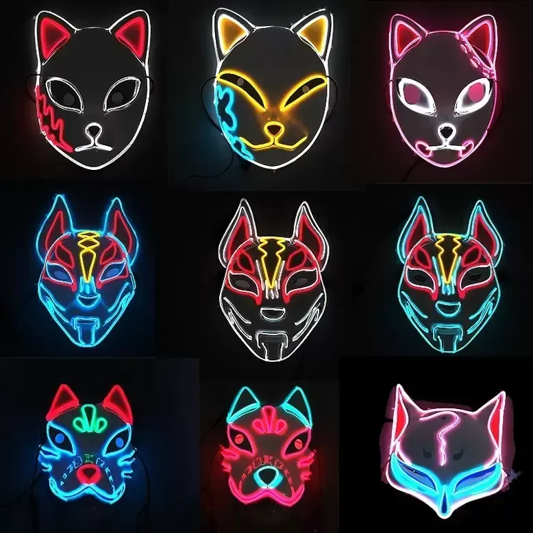 Slayer Glowing Demon EL Wire Kimetsu No Yaiba Characters Cosplay Costume Accessories Japanese Anime Fox Halloween LED Mask 0417