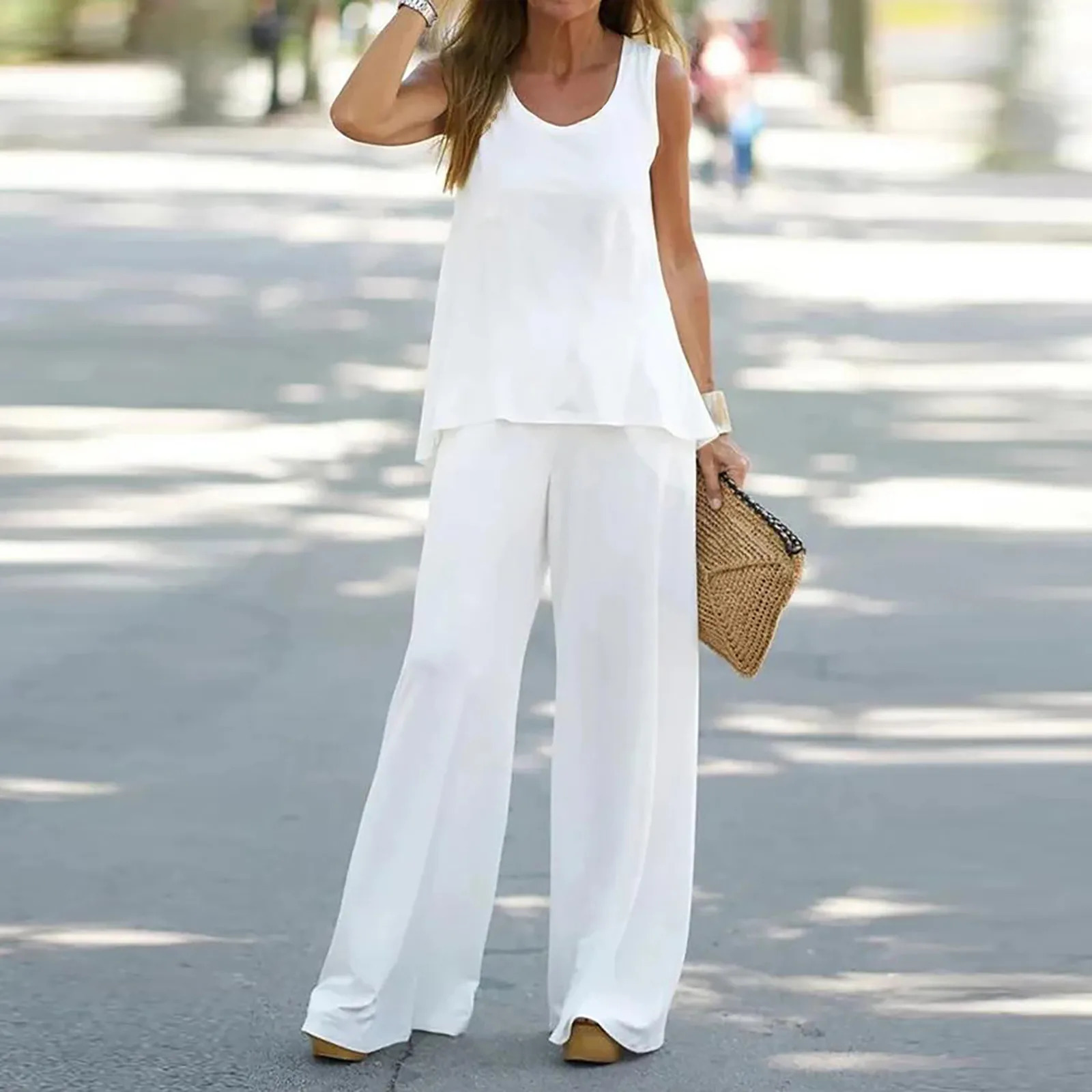 Women Solid Suit Pullover Sleeveless Round Neck Top Wide Leg Pants Set Two Piece Loose Casual Womens Clothing Summer 240410