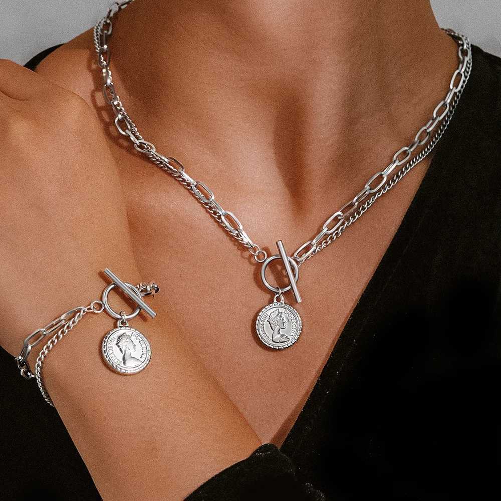 Stainl Steel Jewelry Set Hanging Coin MultiLayer Chain Design Bracelet Necklace Ladies Jewelry Set For Women Jewelry GiftsXJ250904