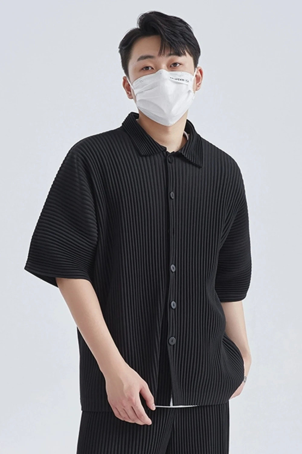 Miyake Lapel Shirt Pleated Short Sleeve T Shirt For Men Plain Shirt Button Up Shirt Summer Clothes For Men Black Casual Top 240409