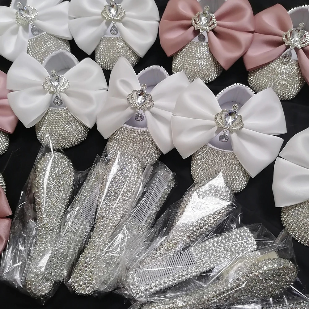 Handmade bow Rhinestone baby girl childrens shoes hair pacifier clip comb first Walker sparkling crystal shower gift 241116