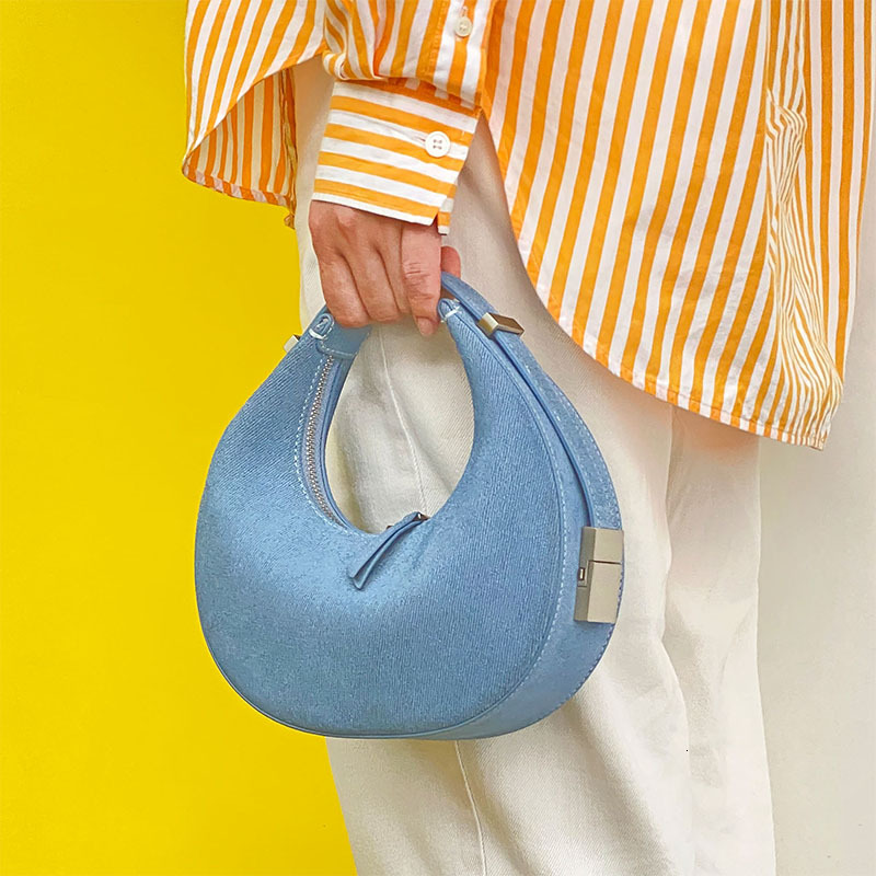 Donnain Trendy Denim Blue Cow Suede Women Half Moon Clutch Handbag Real Leather Crescent Hobo Mini Shoulder Bag Fashion Genuine Leather BagVoyage