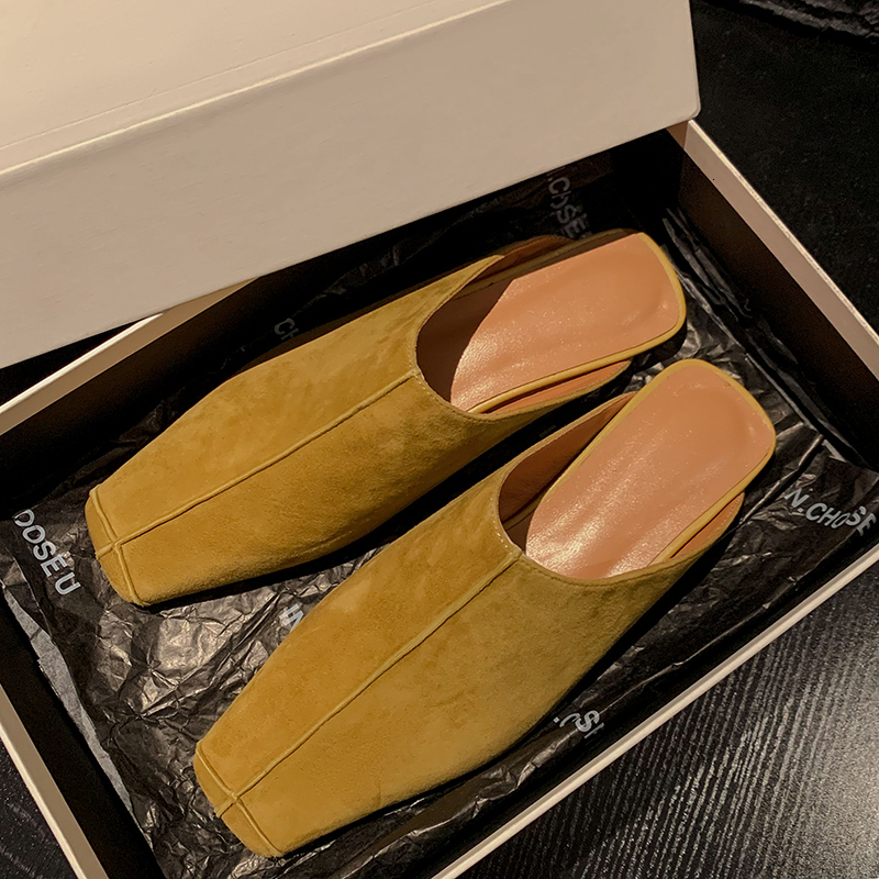Suede Women Mules Low Heels Square Toe Slippers Genuine Leather Retro Style Casual Working Shoes Woman Spring Summer 2024 New