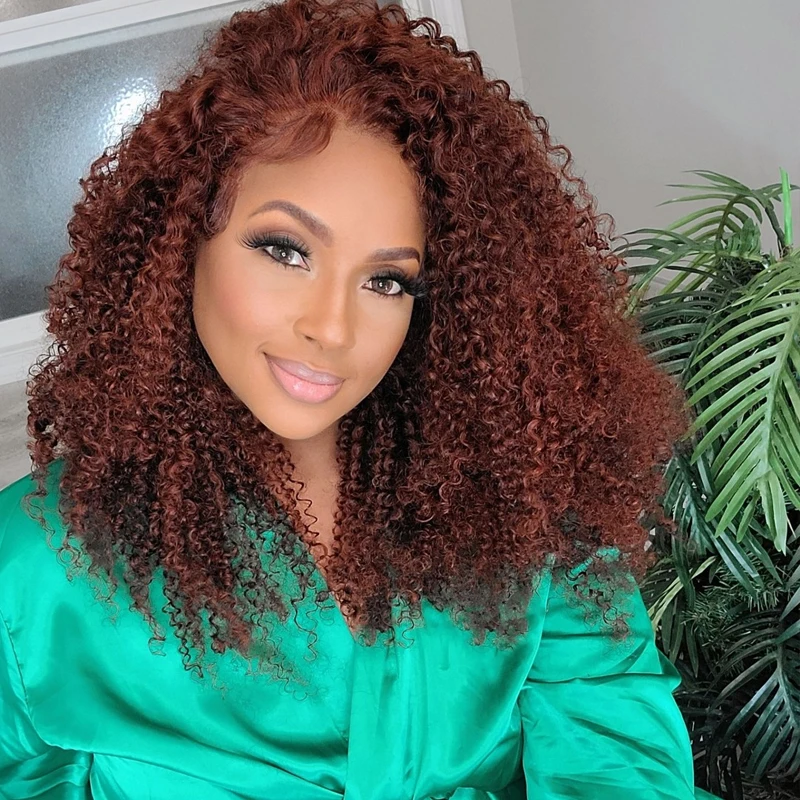Reddish Brown 360 Lace Frontal Kinky Curly Ready To Wear Human Hair Wigs Auburn Copper Red Colored Preplucked Glueless Synthetic Wig