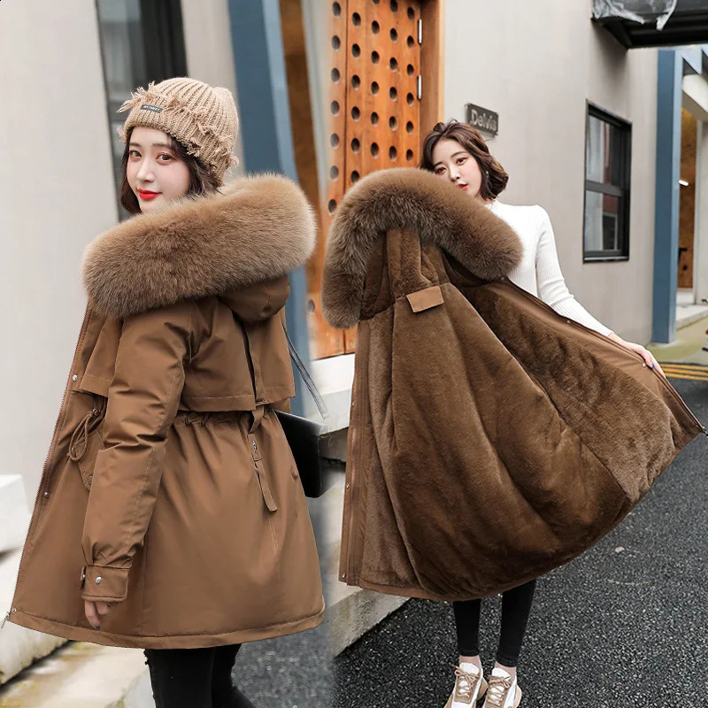 Womens Parka Fashion long coat with wool lining and hooded Parkas 2023 winter jacket ultrathin fur collar warm chiffon 241209Z