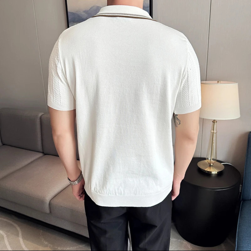 Mens Business Casual Polo Shirt Ice Silk Striped Collar Top High-Quality Short-Sleeved T-Shirt For Spring And Summer . 240415