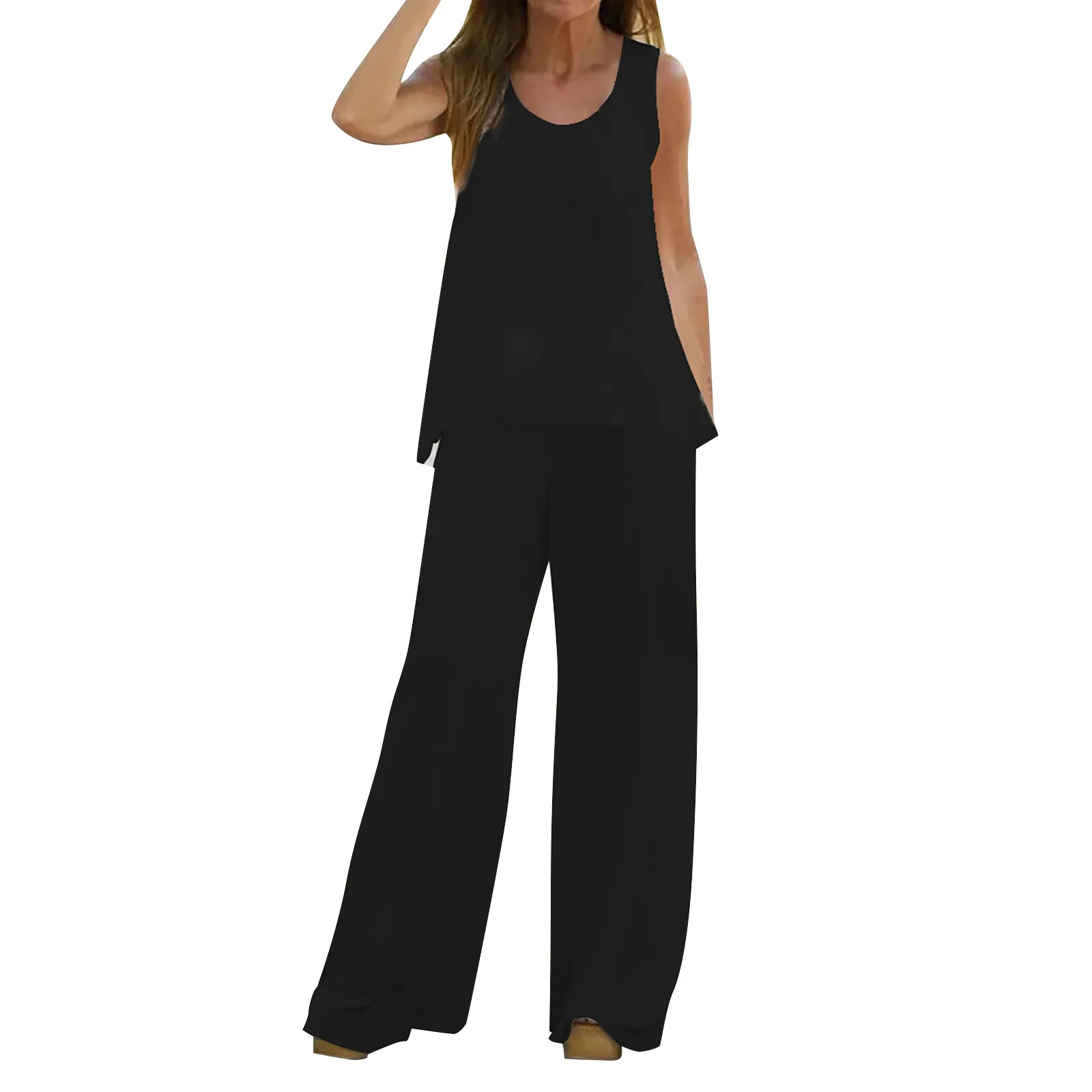 Women Solid Suit Pullover Sleeveless Round Neck Top Wide Leg Pants Set Two Piece Loose Casual Womens Clothing Summer 240410