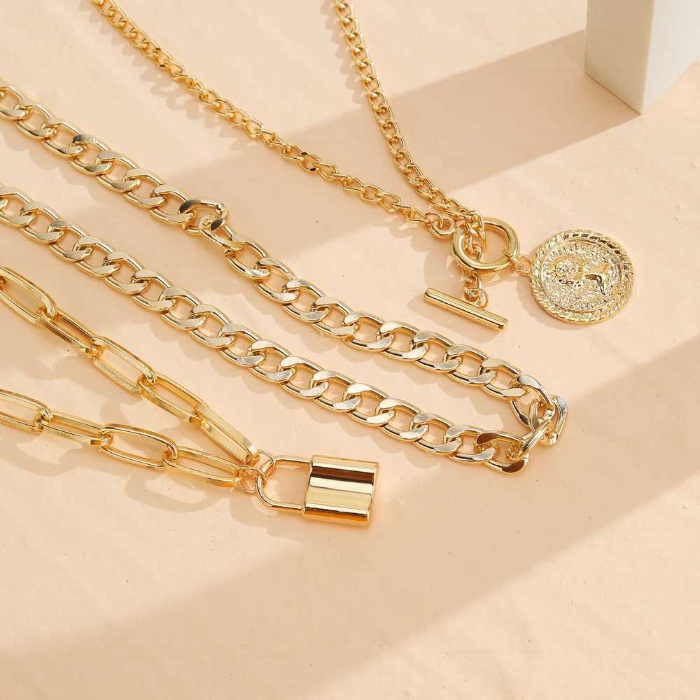 EN Charm Fashion Multilayer Gold Color Thick Chain Lock Pendant Necklace 2022 Jewelry Vintage Coin Choker Necklace for WomenXJ241116