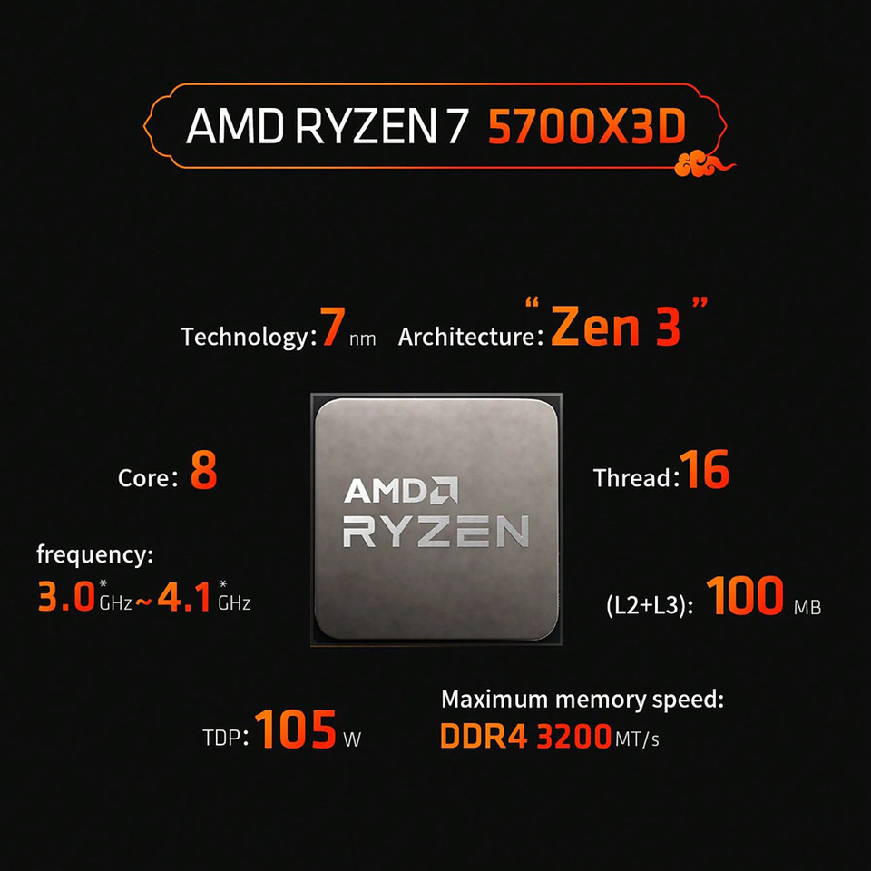 AMD R7 5700X3D Desktop Gaming CPU 100MB L2+L2 Cache 8 Core 16 Thread zen3 AM4 DDR4 PCIe 4.0