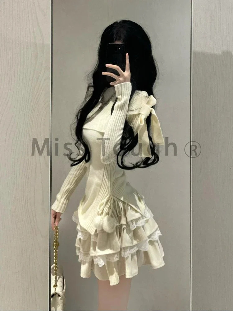 Winter Kawaii Sweet 2 Piece Set Woman Off Shoulder Bow Knitted Tops Mini Cake Skirt Female Korean Fashion Casual Suit 2024 240403